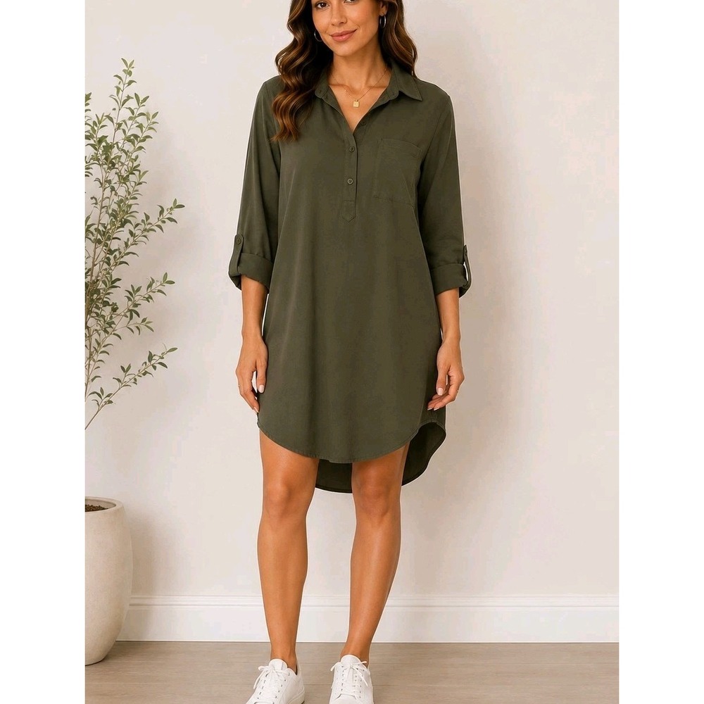 Forever 21 Olive Green Tunic Dress Shirt Dress Long Sleeve Casual Utility S